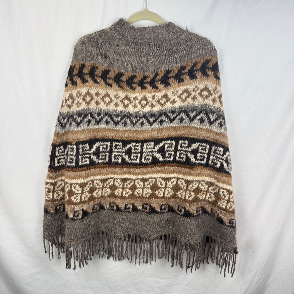 Hand Knit Alpaca Peruvian Gray Poncho One Size Fringe Black Tan Boho Western